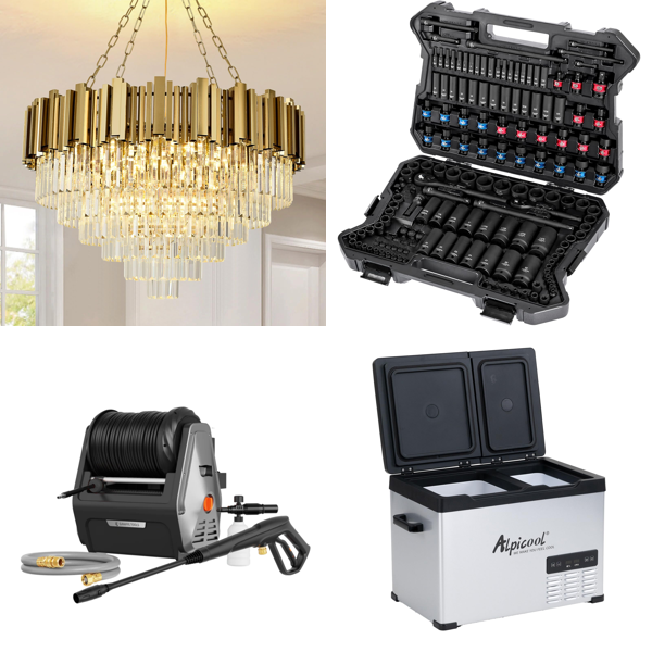 Source photograph for Pallet – Mixed Goods – Crystal Pendant Light, Pressure Washer, Impact Socket Set, Car Refrigerator, Garden Shredder