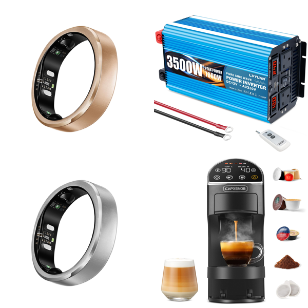 Source photograph for Pallet – Mixed Electronics & Tools – Smart Rings, Power Inverter, Coffee Machine, Headphones, Borescope, Ink Cartridges, Leaf Blower, Thermometer, Wireless Access Point