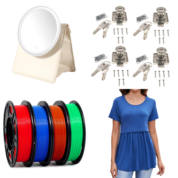 Source photograph for Pallet – Mixed Goods – Makeup Mirrors, 3D Printer Filaments, Furniture Locks, Maternity Clothing