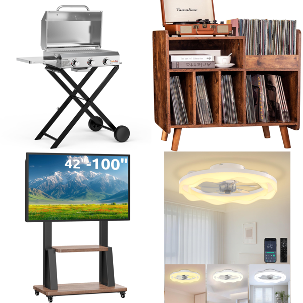 Source photograph for Pallet – Mixed Goods – Gas BBQ, TV Stands, Ceiling Fan with Light, Cat Tree, Vinyl Flooring
