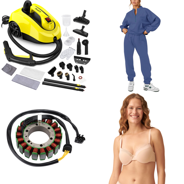 Source photograph for Pallet – Mixed Goods – Steam Cleaners, Motorcycle Parts, Women's Clothing, Outdoor Rugs
