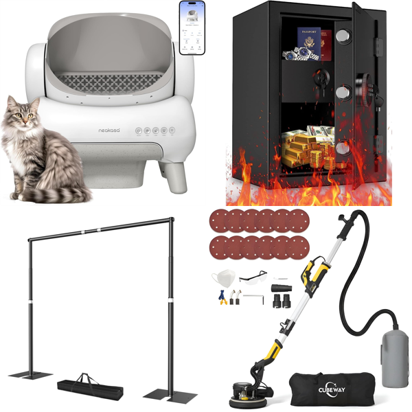 Source photograph for Pallet – Mixed Goods – Automatic Cat Litter Box, Backdrop Stand, Fireproof Safe, Drywall Sander