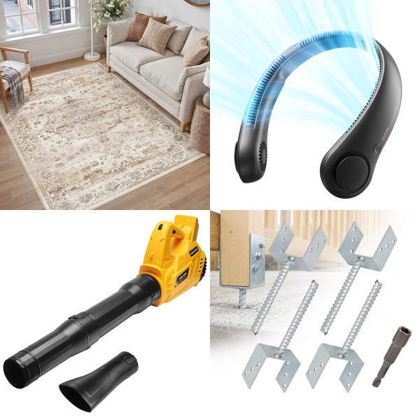 Source photograph for Pallet – Mixed Home Goods – Rug, Leaf Blower, Neck Fan, Sofa Cover, Bedding