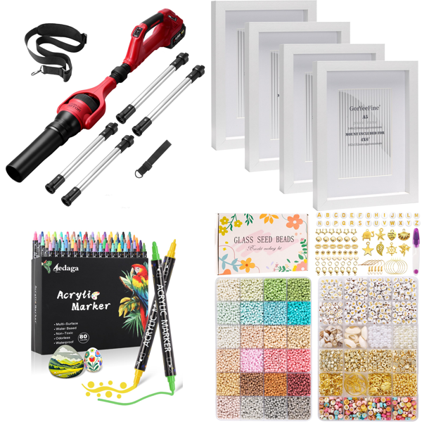 Source photograph for Pallet – Mixed Home, Garden & Hobby Products – Leaf Blower, Acrylic Markers, Photo Frames, Beads