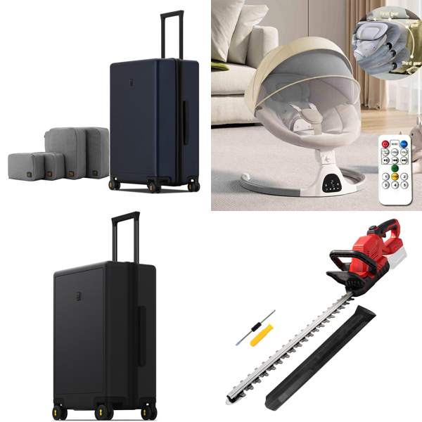 Source photograph for Pallet – Mixed Home Goods – Suitcases, Baby Swings, Hedge Trimmers, Tables, Ironing Boards