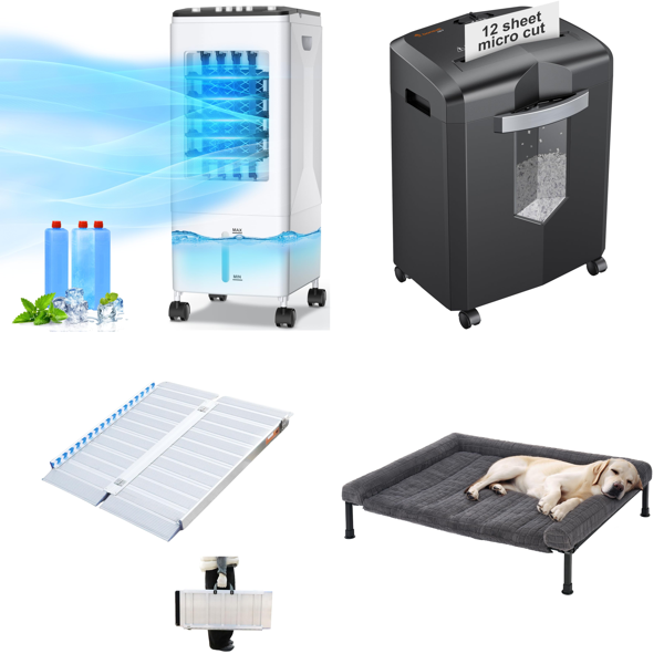 Source photograph for Pallet – Home & Garden Equipment – Air Cooler, Wheelchair Ramp, Paper Shredder, Dog Bed, Garden Fence