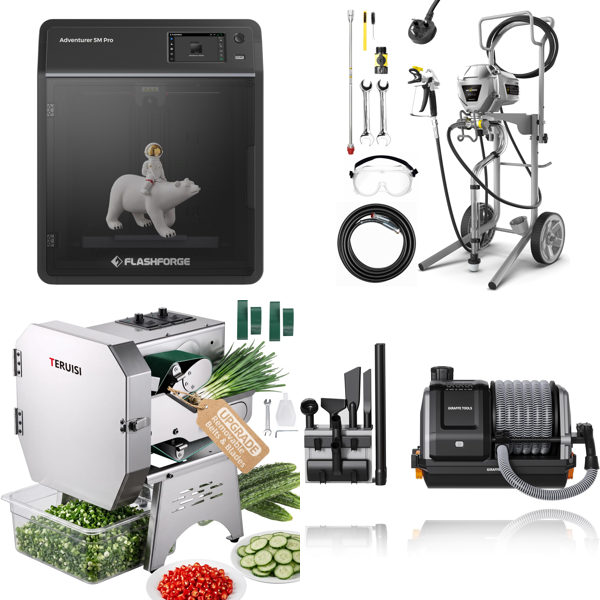Source photograph for Pallet – Mixed Tools And Goods – 3D Printers, Vegetable Choppers, Paint Sprayers, Vacuum Cleaners
