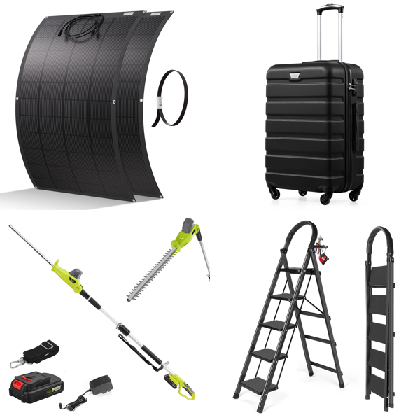 Source photograph for Pallet – Mixed Garden, Travel & Home Goods – Solar Panels, Hedge Trimmers, Suitcases