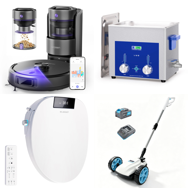 Source photograph for Pallet – Household Equipment – Robot Vacuum, Bidet Toilet Seat, Ultrasonic Cleaner, Lawnmower