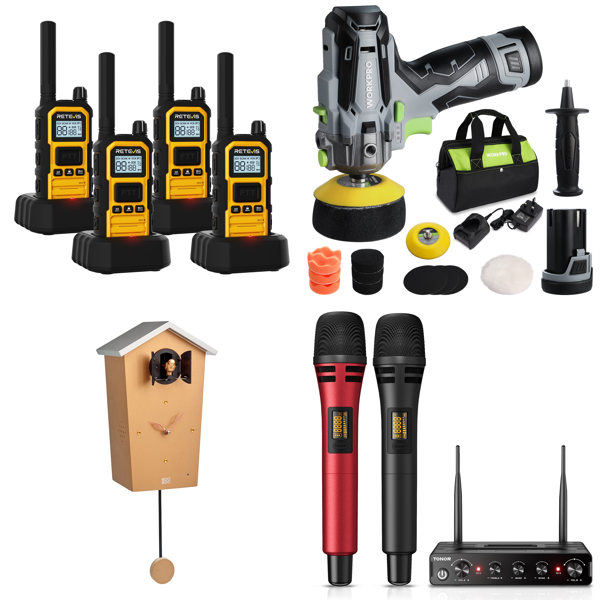 Source photograph for Pallet – Electronics & Tools – Walkie-Talkies, Microphones, Monitor Arms, Mini Chainsaws, Polishers