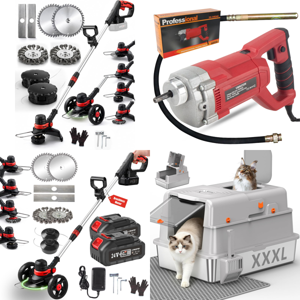 Source photograph for Pallet – Garden Tools – Cordless Strimmers, Cultivators, Concrete Vibrator, Kerb Ramp, Cat Litter Box