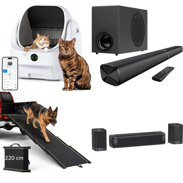 Source photograph for Pallet – Mixed Pet & Household Goods – Cat Litter Trays, Dog Ramp, Soundbars, Tower Fan, Impulse Sealer
