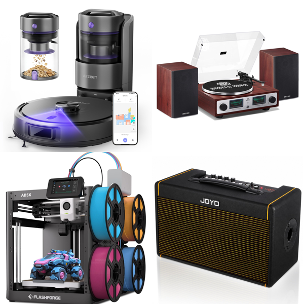 Source photograph for Pallet – Mixed Technology – Robot Vacuum Cleaners, 3D Printer, Record Player, Guitar Amplifier