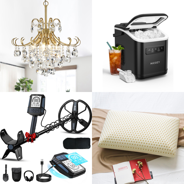 Source photograph for Pallet – Mixed Home Goods – Chandeliers, Metal Detector, Ice Maker, Latex Pillows, Welding Machine