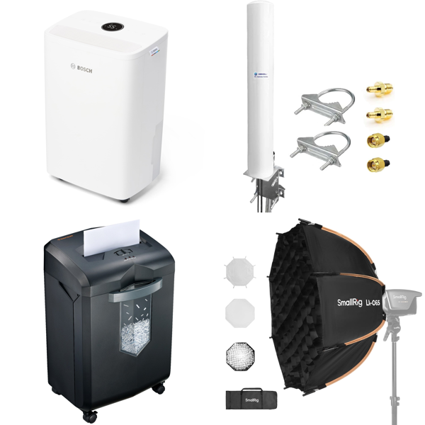 Source photograph for Pallet – Mixed Technology & Equipment – Dehumidifier, Paper Shredder, Antenna, Hedge Trimmer, Mini Chainsaw, TV Stand