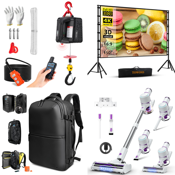 Source photograph for Pallet – Mixed Household Goods – Electric Hoist, Vacuum Cleaners, Projector Screen, Dog Ramp