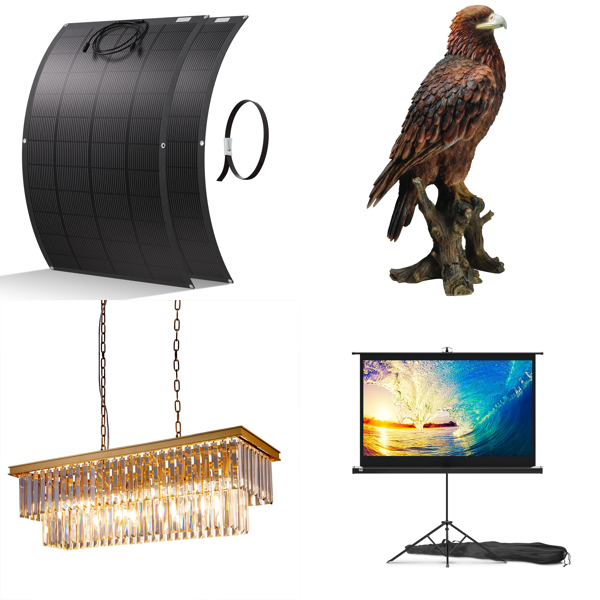 Source photograph for Pallet – Mixed Household Goods – Solar Panels, Chandeliers, Projector Screens, Deep Fryers, Luggage, Room Dividers