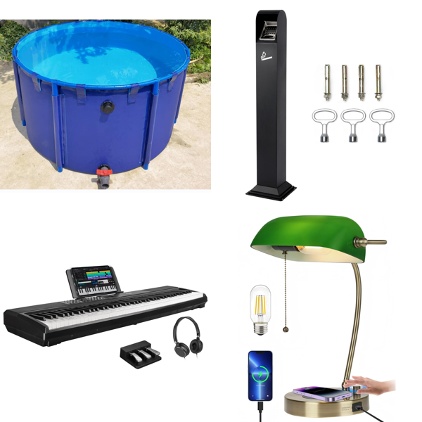Source photograph for Pallet – Mixed Home & Leisure Goods – Digital Piano, Sleeping Bag, Wardrobe, Waste Bin, Fish Pond