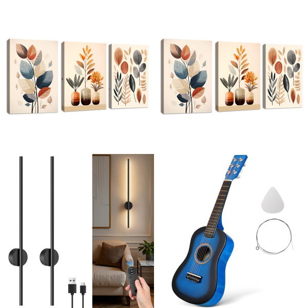 Source photograph for Pallet – Home Decor & Accessories – Eucalyptus Leaf Wall Art, Wall Lights, Kids' Guitar, Nail Polish Organizer