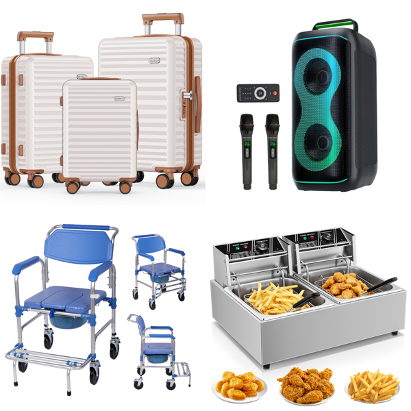 Source photograph for Pallet – Mixed Home & Commercial Goods – Suitcases, Karaoke Systems, Deep Fryers, Projector Screens, Shower Systems