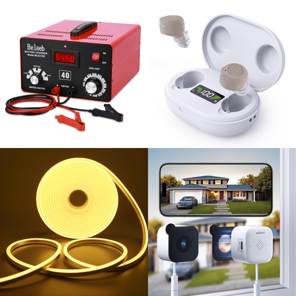 Source photograph for Pallet – Mixed Electronics & Personal Goods – Battery Charger, LED Strip, Security Camera, Microphone, Air Conditioner