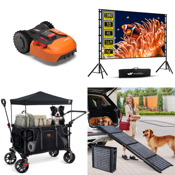 Source photograph for Pallet – Mixed Goods – Robot Lawn Mower, Camping Trolley, Projector Screen, Dog Ramp