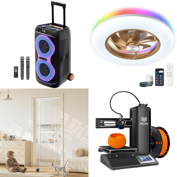 Source photograph for Pallet – Mixed Equipment – Karaoke Systems, 3D Printers, Ceiling Fans, Mirrors, Hoses, Stands