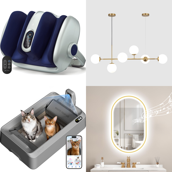 Source photograph for Pallet – Mixed Home Goods – Foot Massagers, Cat Litter Trays, Chandeliers, Mirrors, Rugs