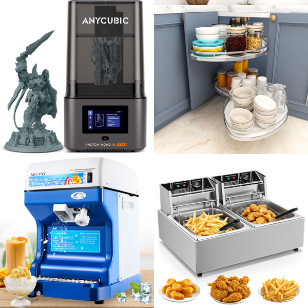 Source photograph for Pallet – Mixed Equipment – 3D Printer, Ice Crusher, Deep Fryer, Camping Wagon, Stove, Tent