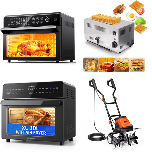 Source photograph for Pallet – Mixed Appliances & Equipment – Air Fryers, Toasters, Garden Tiller, Air Coolers, Ceiling Fans