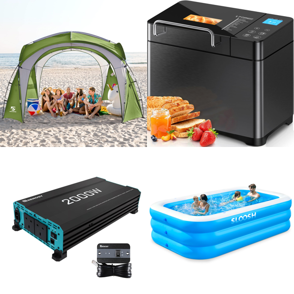 Source photograph for Pallet – Mixed Goods – Beach Tent, Power Inverter, Bread Maker, Swimming Pool, Pizza Oven, Raised Garden Bed