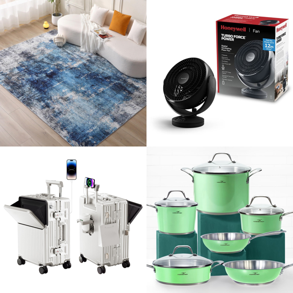 Source photograph for Pallet – Mixed Home Goods – Suitcases, Rugs, Fans, Cookware, Cat Trees