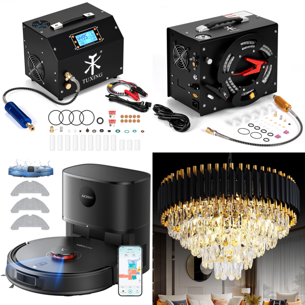 Source photograph for Pallet – Mixed Home Equipment – Air Compressors, Robot Vacuum, Chandeliers, Rugs, Cooker Hood, Garden Sprayer