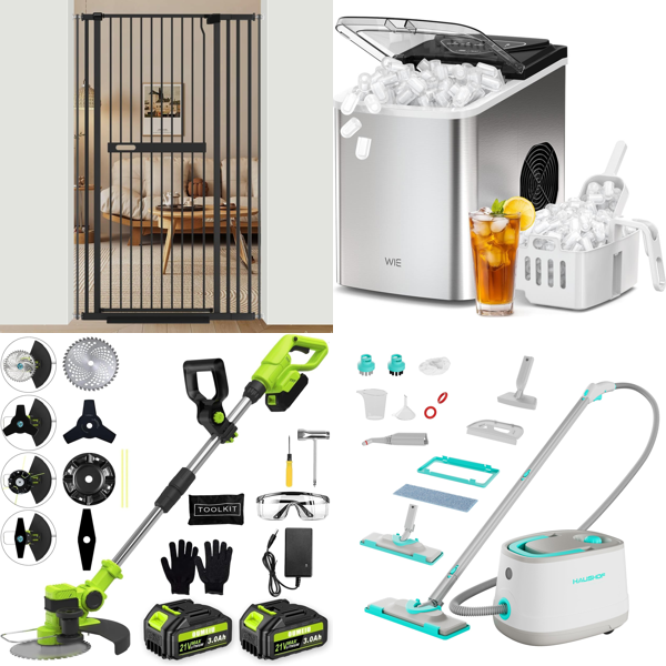 Source photograph for Pallet – Mixed Home & Garden Goods – Tall Pet Gate, Cordless Grass Trimmer, Ice Maker, Steam Cleaner