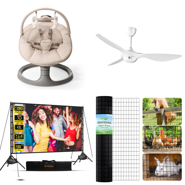 Source photograph for Pallet – Mixed Home, Garden & Leisure Goods – Baby Swing, Projector Screen, Solar Panel, Ceiling Fan, Telescopic Saw