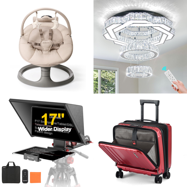 Source photograph for Pallet – Mixed Goods – Baby Swing, Teleprompter, Ceiling Light, Luggage, Artificial Plants, Dog Playpen, Scooter