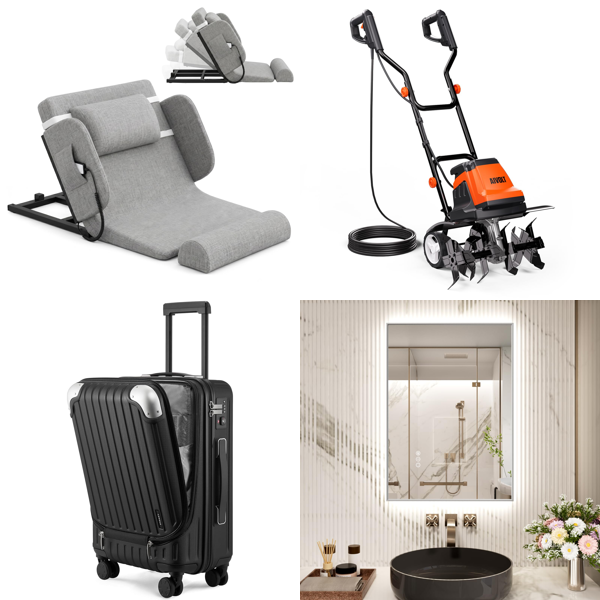 Source photograph for Pallet – Mixed Household Goods – Bed Backrest Lifter, Suitcase, Garden Tiller, Bathroom Mirror, Dog Travel Crate