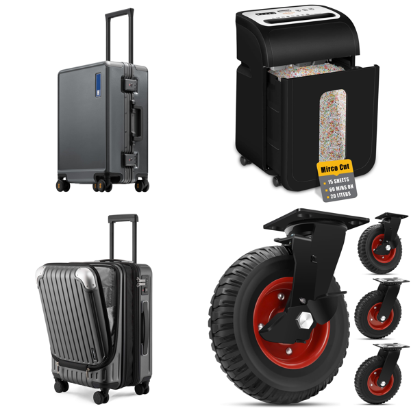 Source photograph for Pallet – Mixed Home & Garden Goods – Suitcases, Paper Shredders, Wheels, Pressure Pumps, Fans, Lighting, Tables, Parasol Bases