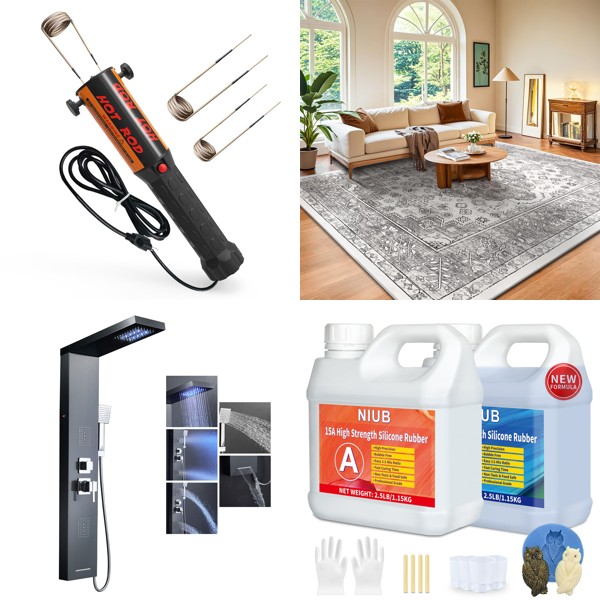Source photograph for Pallet – Home, Automotive & Workshop Goods – Induction Heater, Shower Panel, Rugs, Bins, Kits