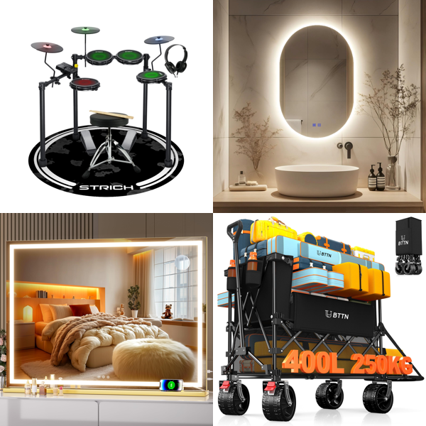 Source photograph for Pallet – Mixed Goods – Electronic Drum Kits, Lighted Mirrors, Trolleys, Hammocks, Suitcases