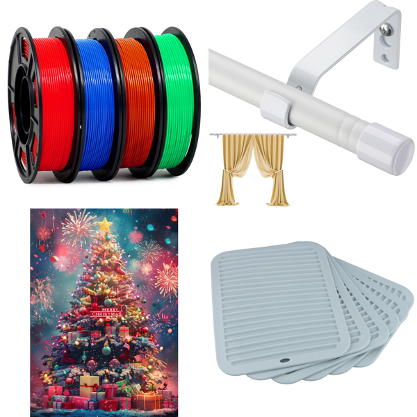 Source photograph for Pallet – Mixed Home Goods – 3D Filaments, Christmas Puzzles, Decorations, Kitchen Trivets, Vacuum Filters