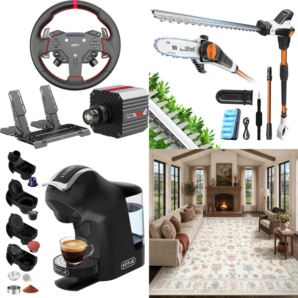 Source photograph for Pallet – Mixed Sports, Garden & Home Equipment – Racing Wheels, Coffee Machines, Hedge Trimmers, Ladders, Laser Levels