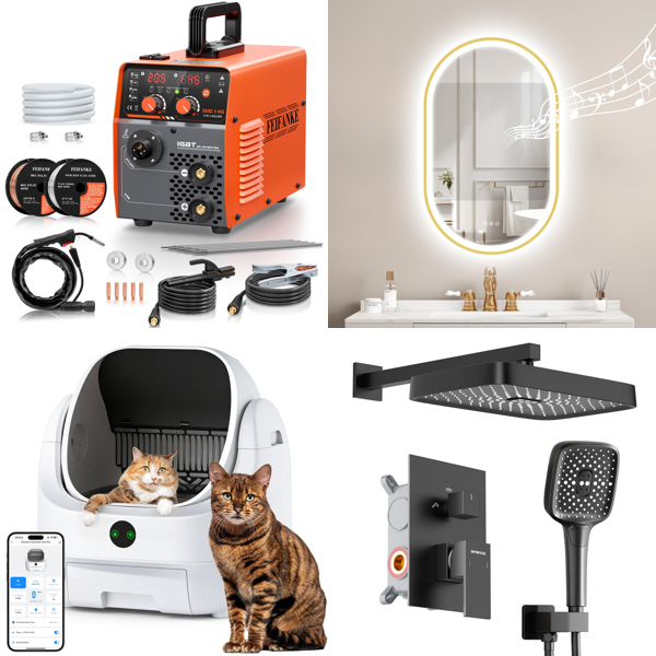 Source photograph for Pallet – Mixed Goods – Welding Machine, Bathroom Mirror, Shower System, Auto Part, Television