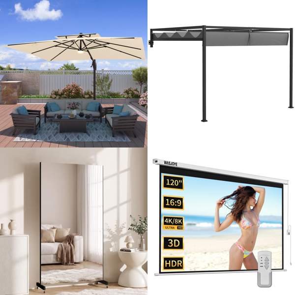 Source photograph for 2x Pallet – Home & Garden Equipment – Shower Enclosures, Parasols, Pergolas, Projector Screen, Full-Length Mirror - Forklift Required