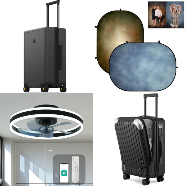 Source photograph for Pallet – Mixed Home Goods – Suitcases, Ceiling Fans, Photography Backdrops, Floor Mattresses, Garden Parasols