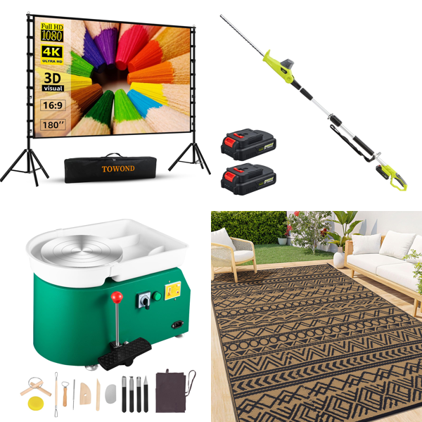 Source photograph for Pallet – Home, Garden Products & Equipment – Projector Screen, Pottery Wheel, Hedge Trimmer, Deep Fryer