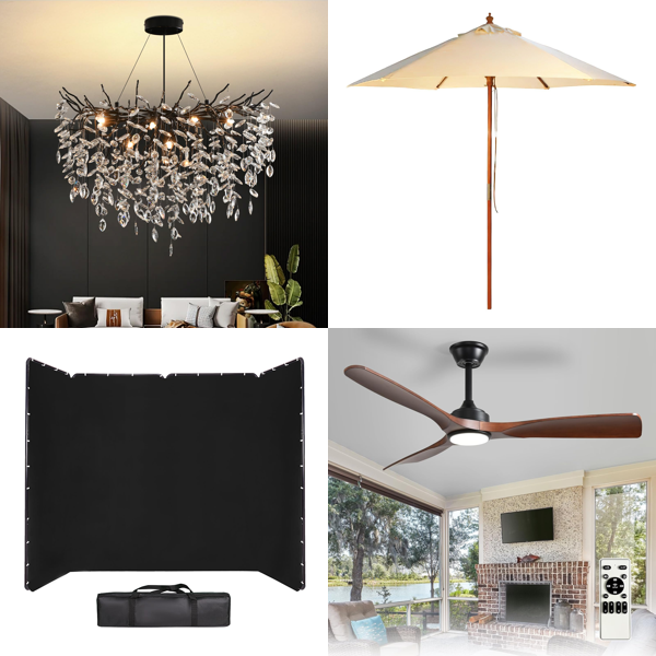 Source photograph for Pallet – Home Furnishings – Chandeliers, Parasols, Ceiling Fans, Awnings, Telescopic Cleaning Poles