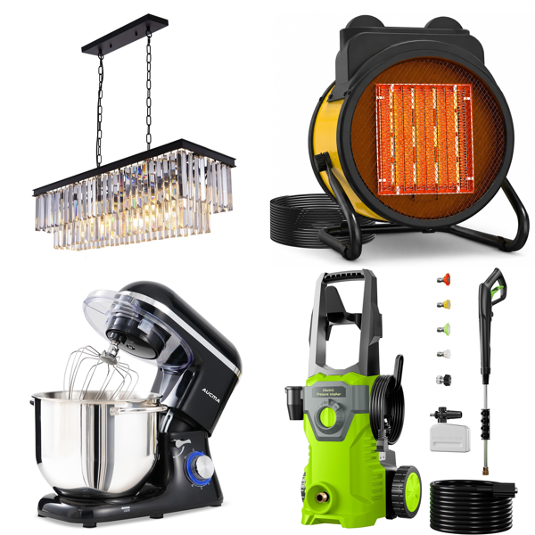 Source photograph for Pallet – Lighting, Appliances – Chandeliers, Wall Clock, Stand Mixer, Fan Heater, Pressure Washer