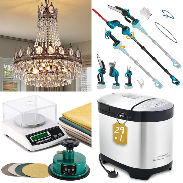 Source photograph for Pallet – Mixed Home & Garden Supplies – Chandeliers, Electronic Scales, Garden Tools, Bread Makers, Air Fryers