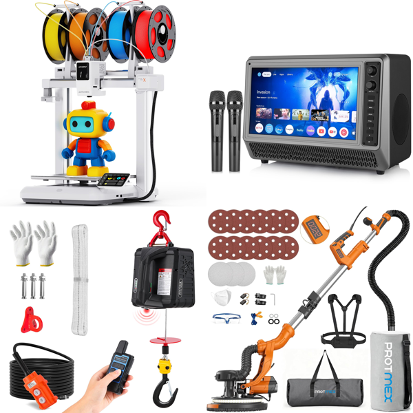 Source photograph for Pallet – Mixed Goods – 3D Printer, Electric Hoist, Television, Sanders, Gas Fire Pit